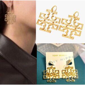 Beautiful Authentic Tory Burch Gold Britten Logo Drop Hoop Earrings